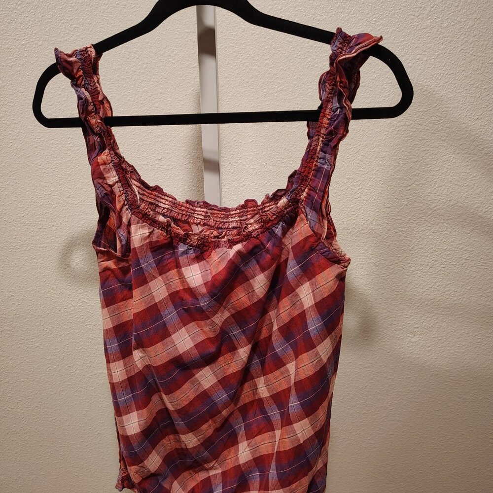 Y2K Vintage OP Junior's Plaid Tank Top Large Purple Pink Ruffle Straps Cotton - Picture 7 of 10